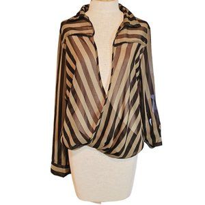 Marisol Shear blouse size large open cross front to neck striped green roll tab